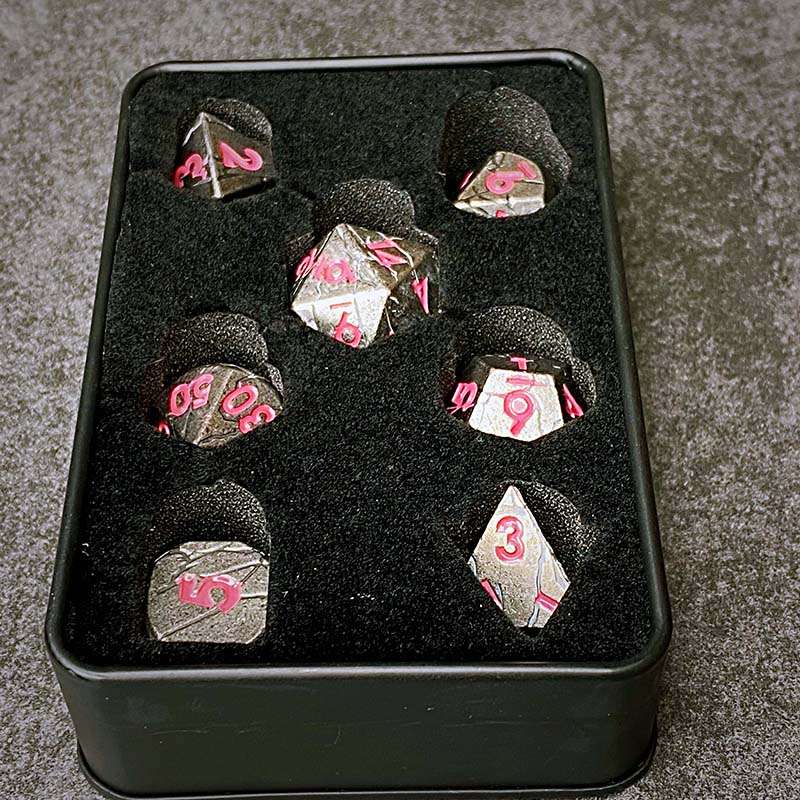 Sage's Relics of Antiquity - Antique Silver Pink Metal Polyhedral Dice Set - Sage's PortalMetal Dice Set