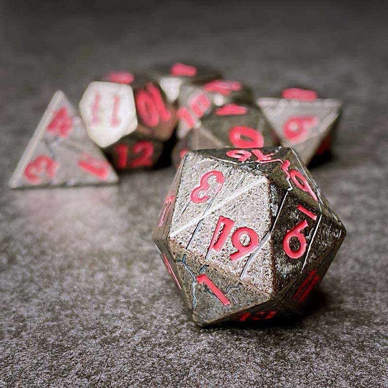 Sage's Relics of Antiquity - Antique Silver Pink Metal Polyhedral Dice Set - Sage's PortalMetal Dice Set