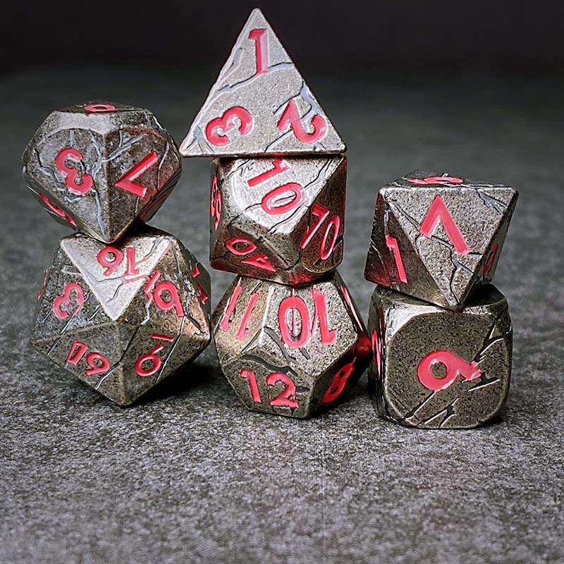 Sage's Relics of Antiquity - Antique Silver Pink Metal Polyhedral Dice Set - Sage's PortalMetal Dice Set