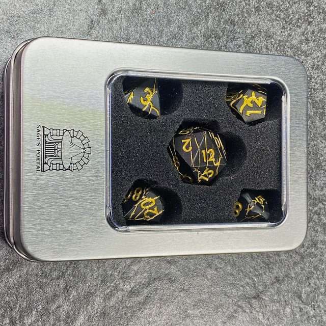 Sage's Relics of Antiquity - Matte Black with Gold Metal Polyhedral Dice Set - Sage's PortalMetal Dice Set