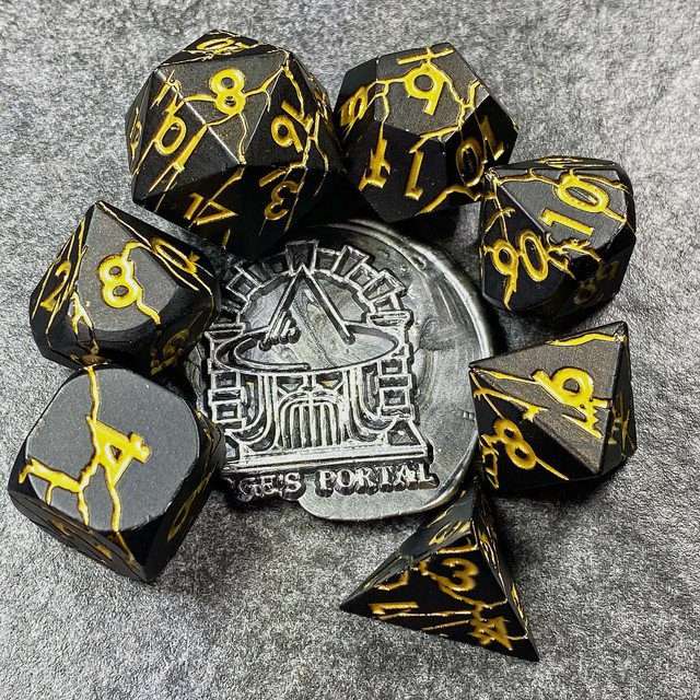 Sage's Relics of Antiquity - Matte Black with Gold Metal Polyhedral Dice Set - Sage's PortalMetal Dice Set