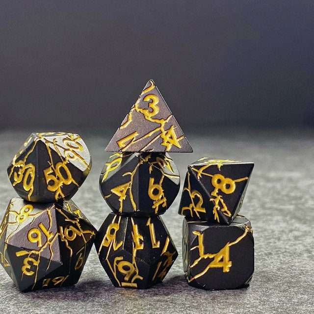 Sage's Relics of Antiquity - Matte Black with Gold Metal Polyhedral Dice Set - Sage's PortalMetal Dice Set