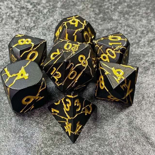 Sage's Relics of Antiquity - Matte Black with Gold Metal Polyhedral Dice Set - Sage's PortalMetal Dice Set