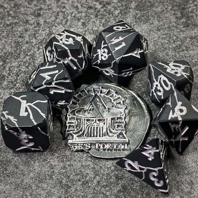 Sage's Relics of Antiquity - Matte Black with Silver Metal Polyhedral Dice Set - Sage's PortalMetal Dice Set