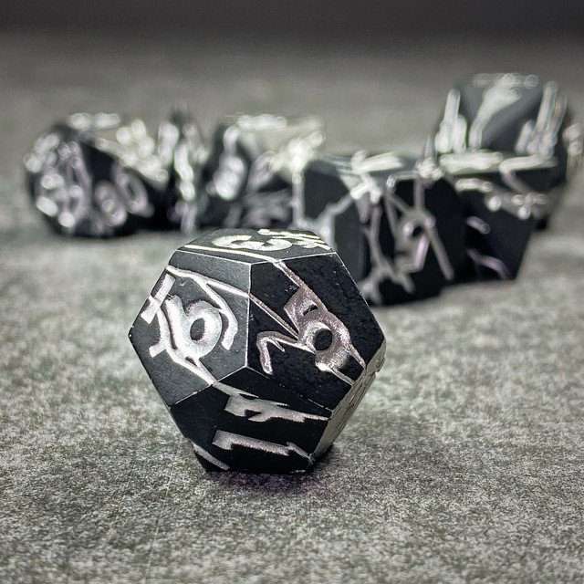 Sage's Relics of Antiquity - Matte Black with Silver Metal Polyhedral Dice Set - Sage's PortalMetal Dice Set