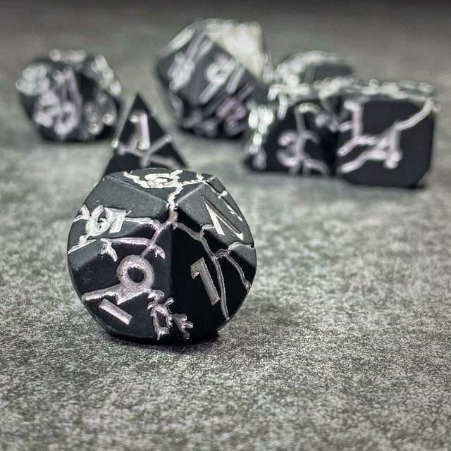 Sage's Relics of Antiquity - Matte Black with Silver Metal Polyhedral Dice Set - Sage's PortalMetal Dice Set
