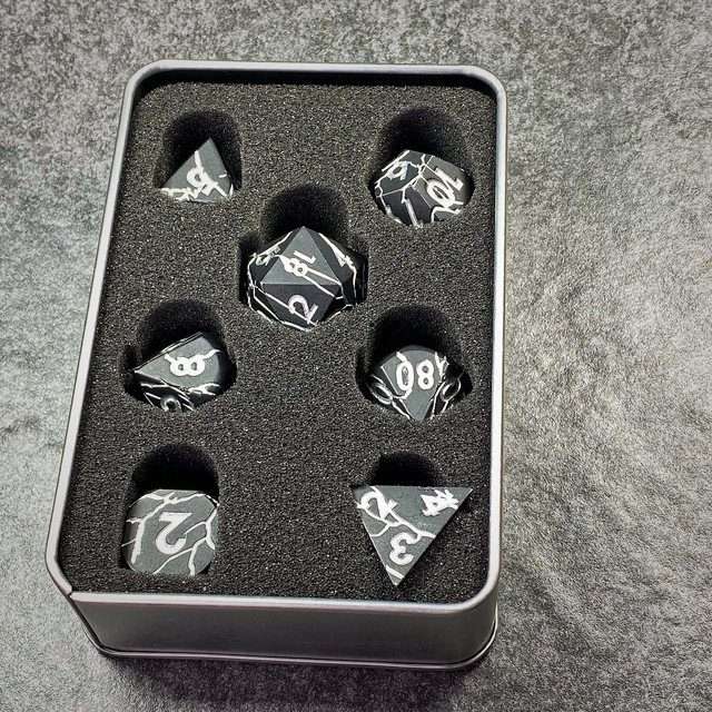 Sage's Relics of Antiquity - Matte Black with Silver Metal Polyhedral Dice Set - Sage's PortalMetal Dice Set