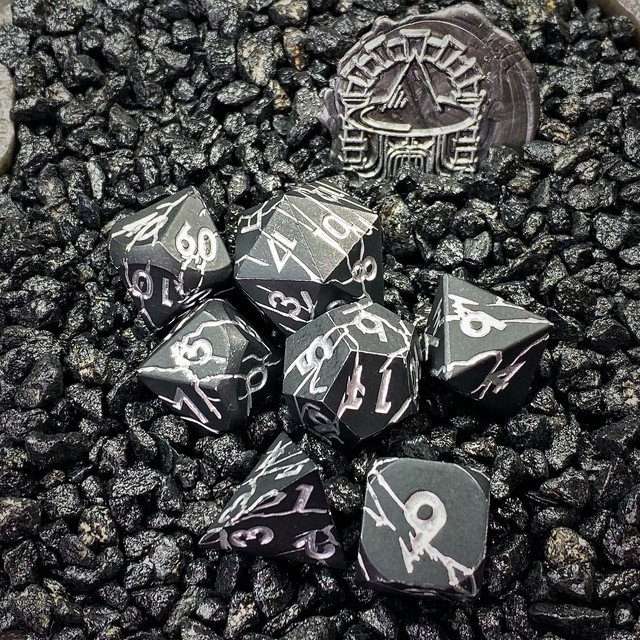Sage's Relics of Antiquity - Matte Black with Silver Metal Polyhedral Dice Set - Sage's PortalMetal Dice Set