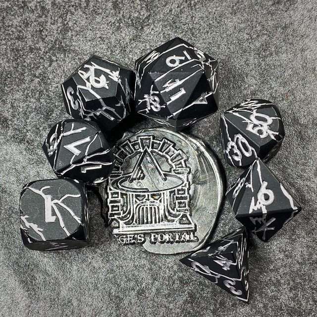 Sage's Relics of Antiquity - Matte Black with Silver Metal Polyhedral Dice Set - Sage's PortalMetal Dice Set