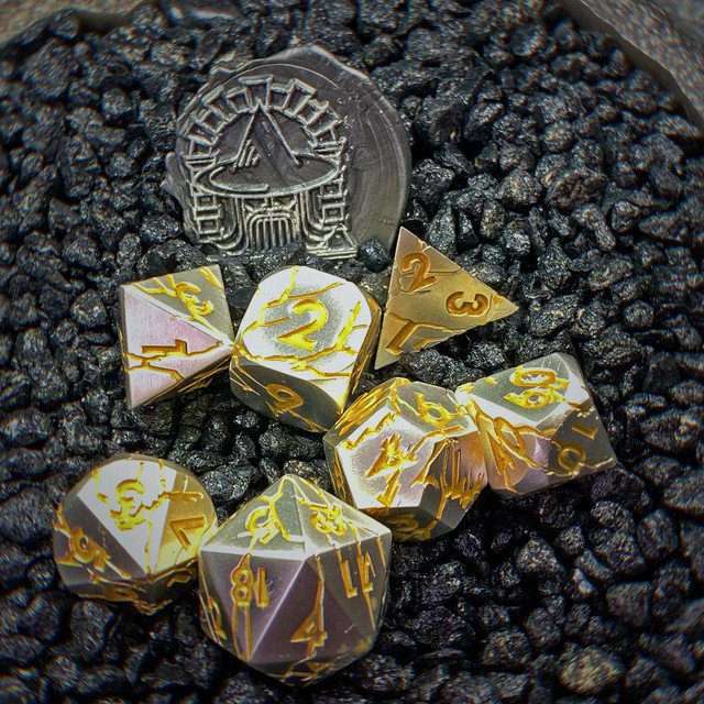 Sage's Relics of Antiquity- Pearl Silver with Gold Metal Polyhedral Dice Set - Sage's PortalMetal Dice Set