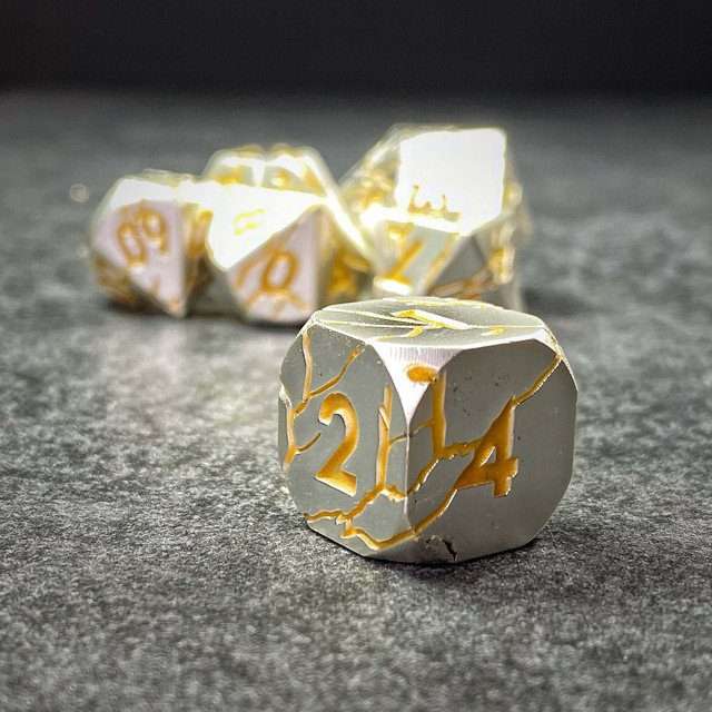 Sage's Relics of Antiquity- Pearl Silver with Gold Metal Polyhedral Dice Set - Sage's PortalMetal Dice Set
