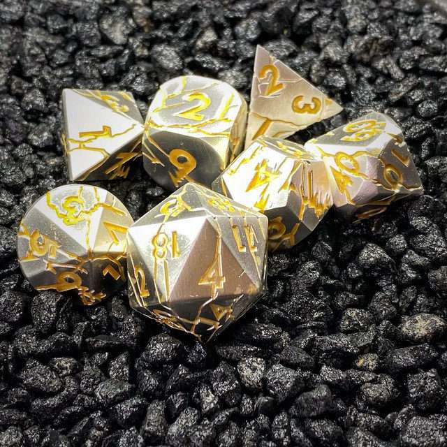 Sage's Relics of Antiquity- Pearl Silver with Gold Metal Polyhedral Dice Set - Sage's PortalMetal Dice Set