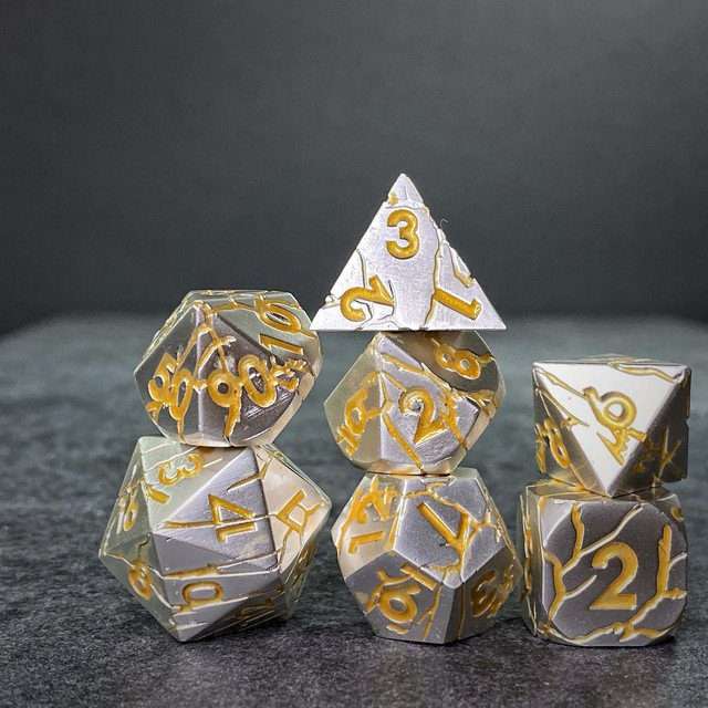 Sage's Relics of Antiquity- Pearl Silver with Gold Metal Polyhedral Dice Set - Sage's PortalMetal Dice Set