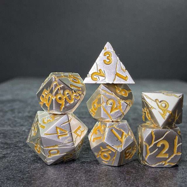 Sage's Relics of Antiquity- Pearl Silver with Gold Metal Polyhedral Dice Set - Sage's PortalMetal Dice Set