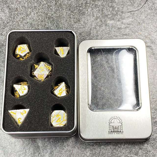 Sage's Relics of Antiquity- Pearl Silver with Gold Metal Polyhedral Dice Set - Sage's PortalMetal Dice Set