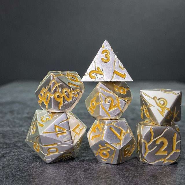 Sage's Relics of Antiquity- Pearl Silver with Gold Metal Polyhedral Dice Set - Sage's PortalMetal Dice Set