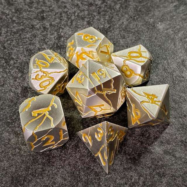 Sage's Relics of Antiquity- Pearl Silver with Gold Metal Polyhedral Dice Set - Sage's PortalMetal Dice Set