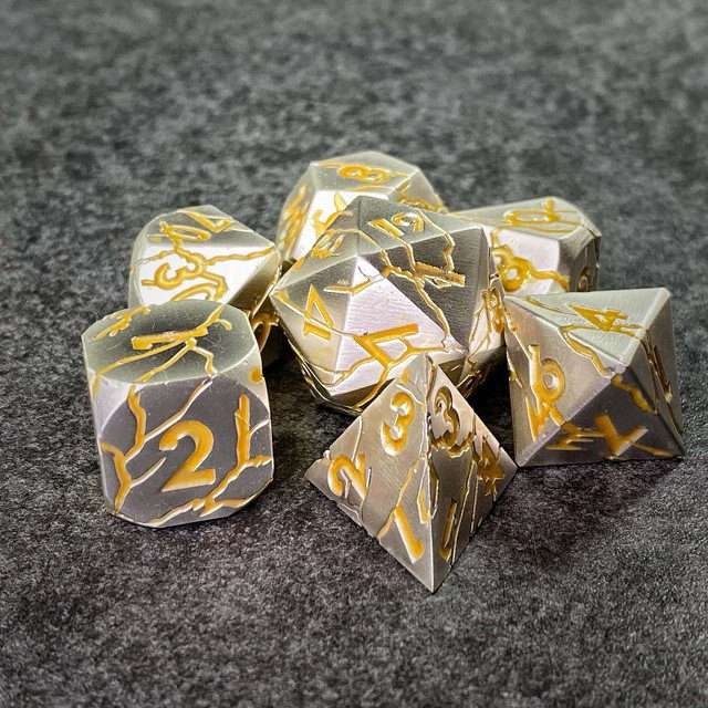 Sage's Relics of Antiquity- Pearl Silver with Gold Metal Polyhedral Dice Set - Sage's PortalMetal Dice Set