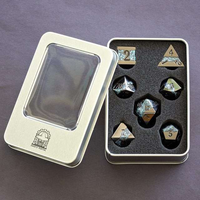Sage's Rift Stones - Gloss Black/Aquamarine Metal Polyhedral Dice Set - Sage's PortalMetal Dice Set