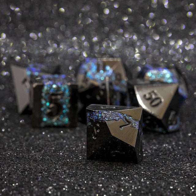 Sage's Rift Stones - Gloss Black/Aquamarine Metal Polyhedral Dice Set - Sage's PortalMetal Dice Set