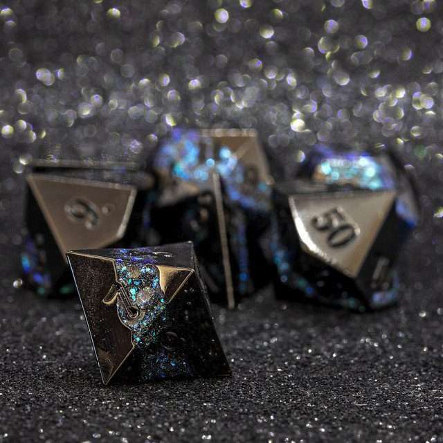 Sage's Rift Stones - Gloss Black/Aquamarine Metal Polyhedral Dice Set - Sage's PortalMetal Dice Set