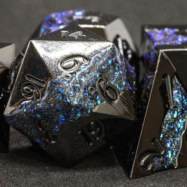 Sage's Rift Stones - Gloss Black/Aquamarine Metal Polyhedral Dice Set - Sage's PortalMetal Dice Set