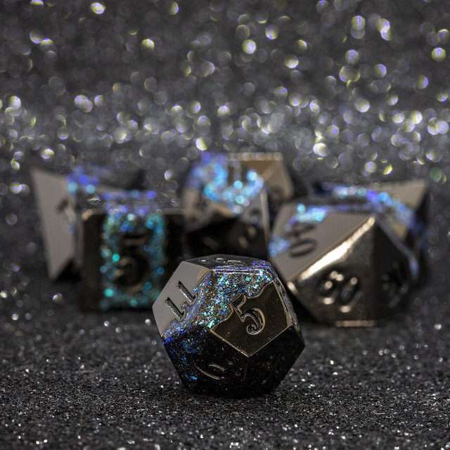 Sage's Rift Stones - Gloss Black/Aquamarine Metal Polyhedral Dice Set - Sage's PortalMetal Dice Set