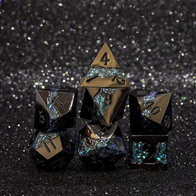 Sage's Rift Stones - Gloss Black/Aquamarine Metal Polyhedral Dice Set - Sage's PortalMetal Dice Set