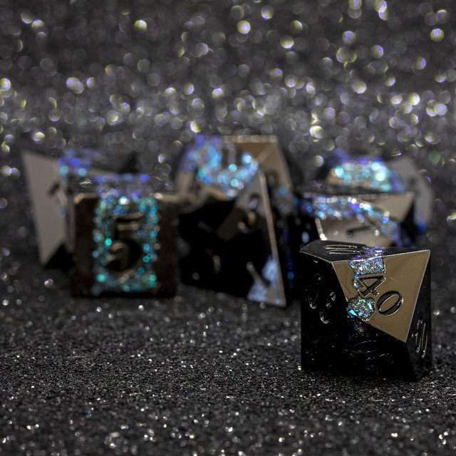 Sage's Rift Stones - Gloss Black/Aquamarine Metal Polyhedral Dice Set - Sage's PortalMetal Dice Set