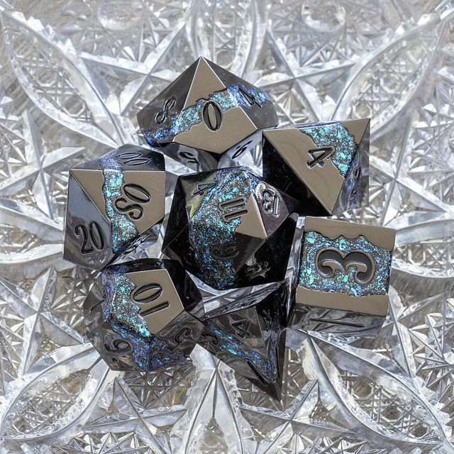 Sage's Rift Stones - Gloss Black/Aquamarine Metal Polyhedral Dice Set - Sage's PortalMetal Dice Set
