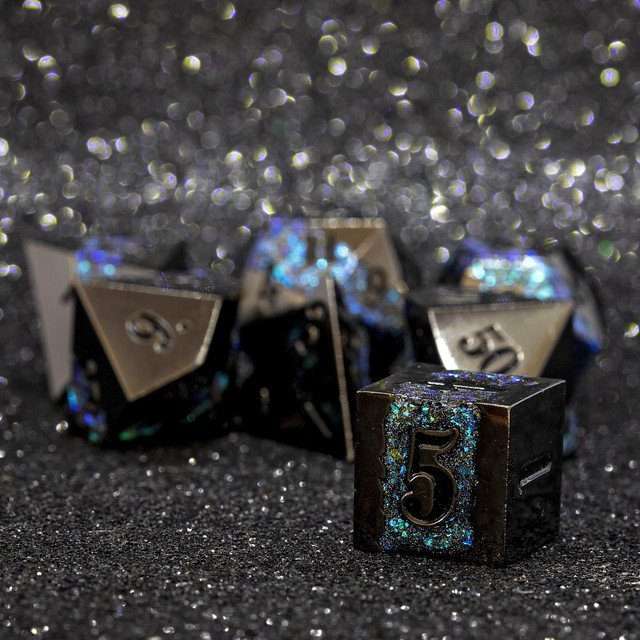 Sage's Rift Stones - Gloss Black/Aquamarine Metal Polyhedral Dice Set - Sage's PortalMetal Dice Set