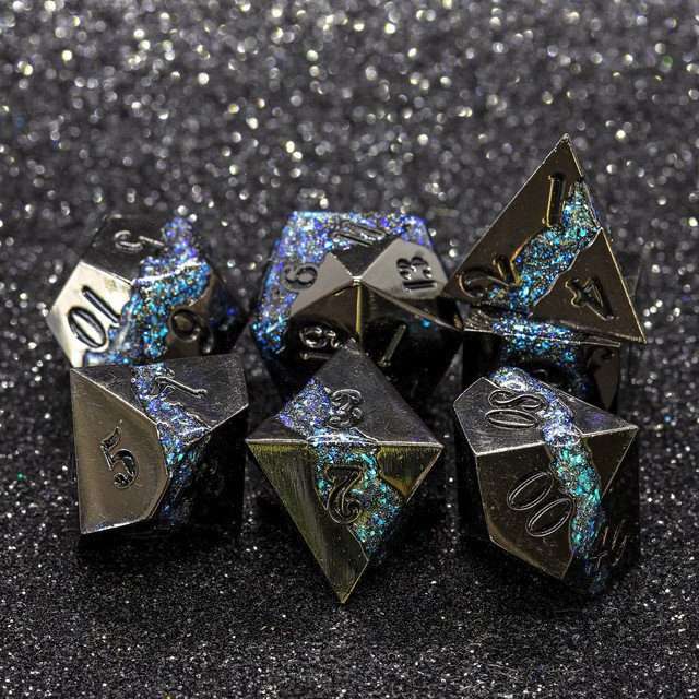 Sage's Rift Stones - Gloss Black/Aquamarine Metal Polyhedral Dice Set - Sage's PortalMetal Dice Set