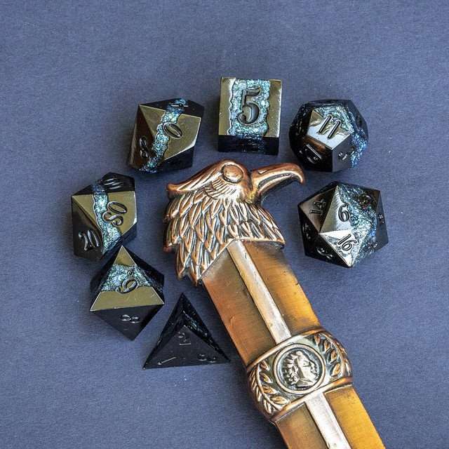 Sage's Rift Stones - Gloss Black/Aquamarine Metal Polyhedral Dice Set - Sage's PortalMetal Dice Set