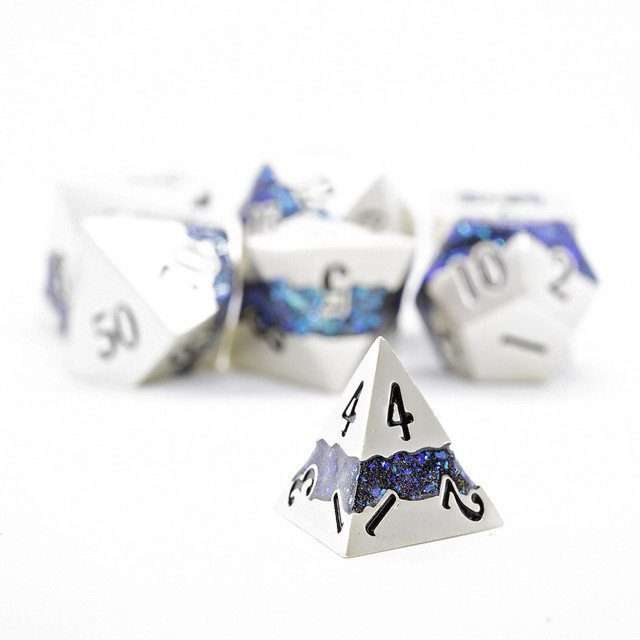 Sage's Rift Stones - Pearl Silver/Aquamarine Metal Polyhedral Dice Set - Sage's PortalMetal Dice Set
