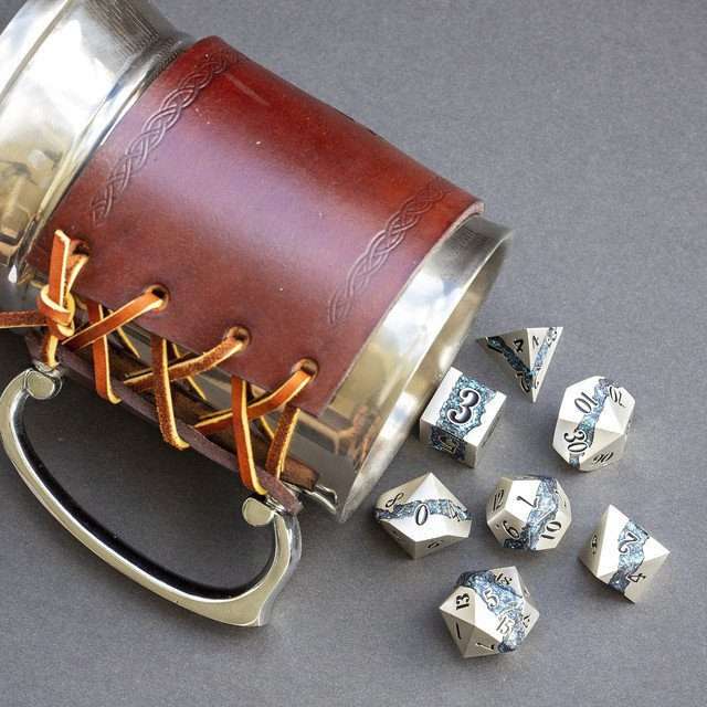 Sage's Rift Stones - Pearl Silver/Aquamarine Metal Polyhedral Dice Set - Sage's PortalMetal Dice Set