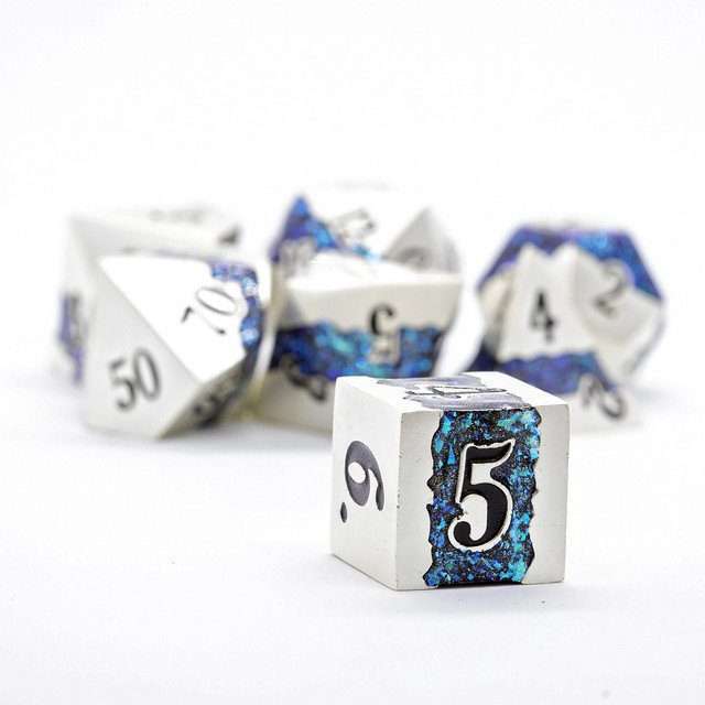 Sage's Rift Stones - Pearl Silver/Aquamarine Metal Polyhedral Dice Set - Sage's PortalMetal Dice Set