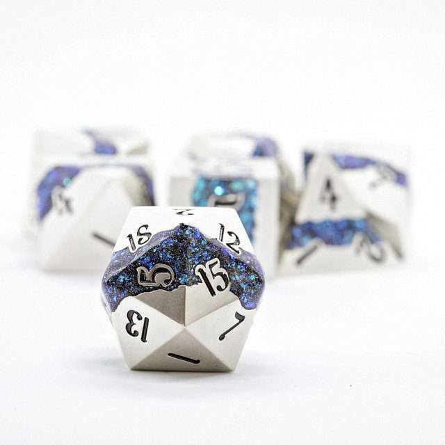 Sage's Rift Stones - Pearl Silver/Aquamarine Metal Polyhedral Dice Set - Sage's PortalMetal Dice Set