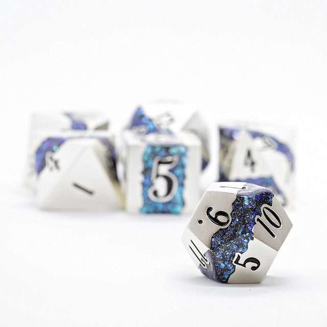 Sage's Rift Stones - Pearl Silver/Aquamarine Metal Polyhedral Dice Set - Sage's PortalMetal Dice Set