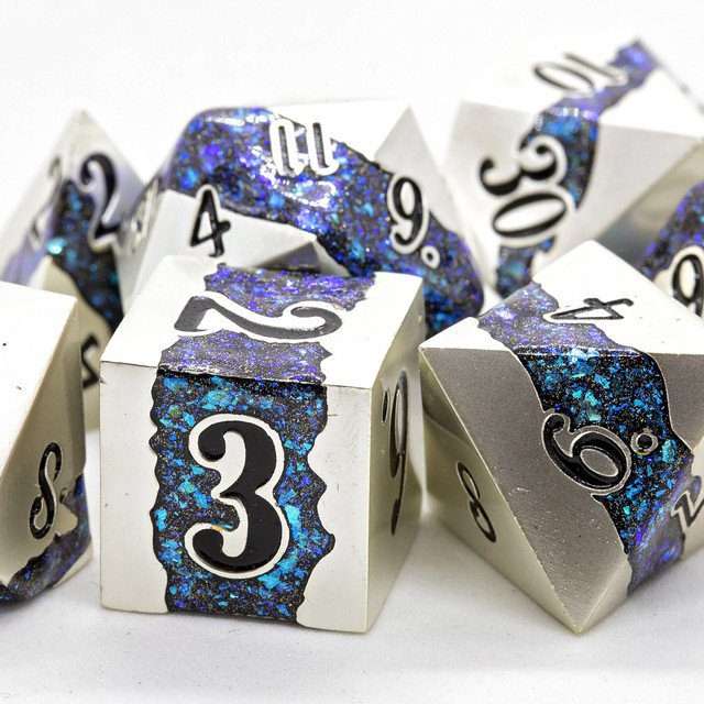 Sage's Rift Stones - Pearl Silver/Aquamarine Metal Polyhedral Dice Set - Sage's PortalMetal Dice Set