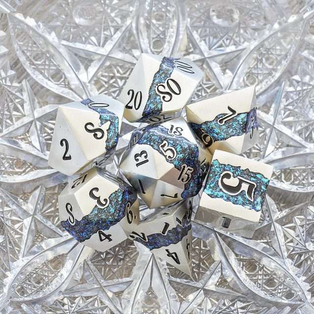 Sage's Rift Stones - Pearl Silver/Aquamarine Metal Polyhedral Dice Set - Sage's PortalMetal Dice Set