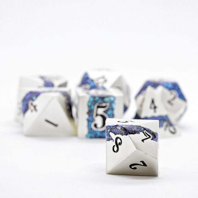 Sage's Rift Stones - Pearl Silver/Aquamarine Metal Polyhedral Dice Set - Sage's PortalMetal Dice Set