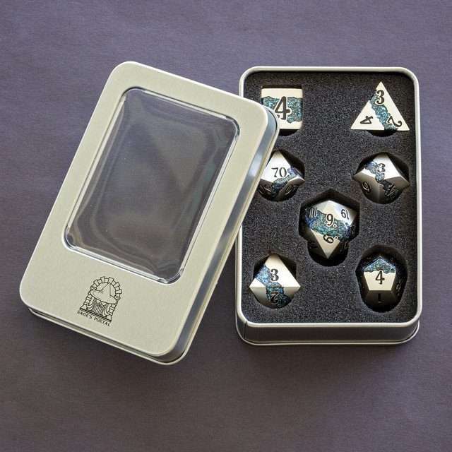 Sage's Rift Stones - Pearl Silver/Aquamarine Metal Polyhedral Dice Set - Sage's PortalMetal Dice Set