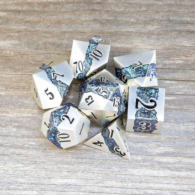 Sage's Rift Stones - Pearl Silver/Aquamarine Metal Polyhedral Dice Set - Sage's PortalMetal Dice Set