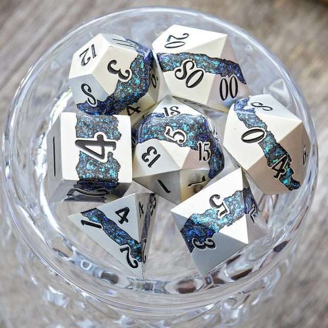 Sage's Rift Stones - Pearl Silver/Aquamarine Metal Polyhedral Dice Set - Sage's PortalMetal Dice Set