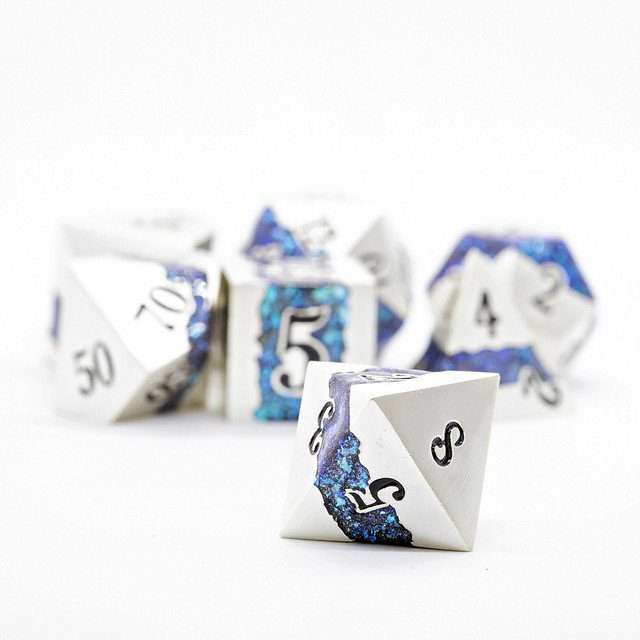 Sage's Rift Stones - Pearl Silver/Aquamarine Metal Polyhedral Dice Set - Sage's PortalMetal Dice Set