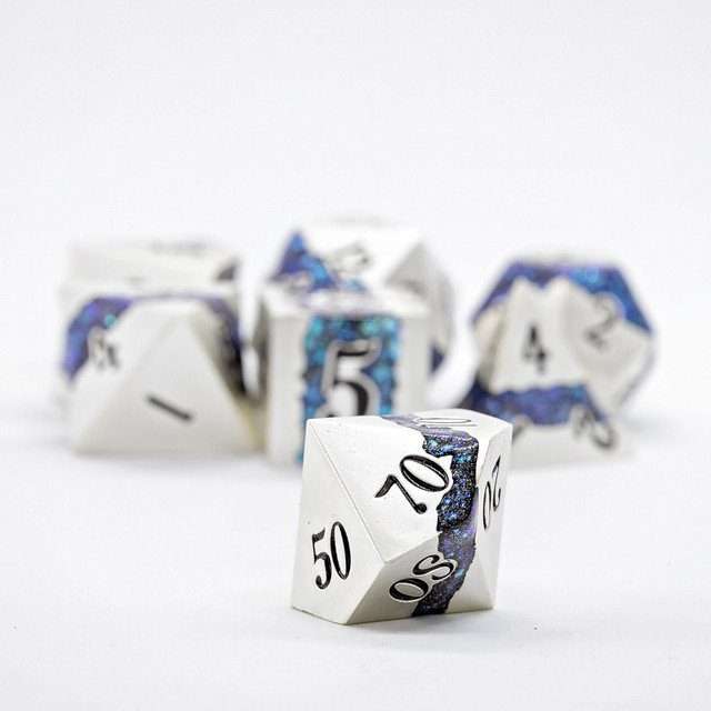 Sage's Rift Stones - Pearl Silver/Aquamarine Metal Polyhedral Dice Set - Sage's PortalMetal Dice Set
