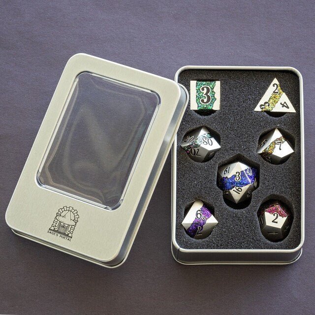 Sage’s Rift Stones Pearl Silver/Rainbow Metal Dice Set – Unique DND Dice with Rainbow Glitter – Polyhedral Dice Set for Dungeons and Dragons - Sage's PortalMetal Dice Set