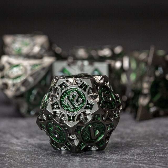 Sage's Runic Caltrops Black/Green Metal Polyhedral Dice Set - Sage's PortalMetal Dice Set