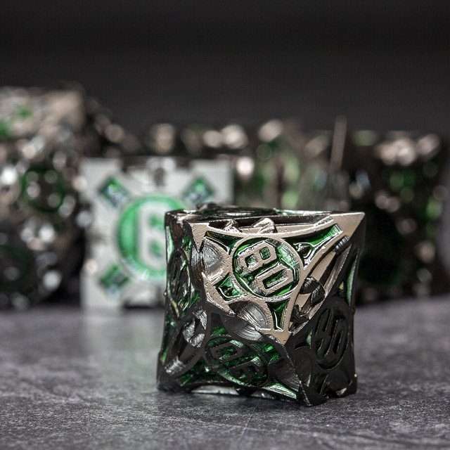 Sage's Runic Caltrops Black/Green Metal Polyhedral Dice Set - Sage's PortalMetal Dice Set