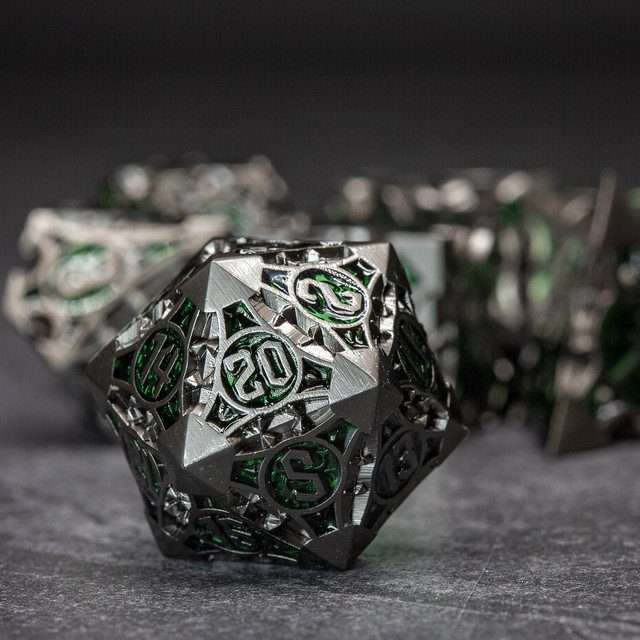 Sage's Runic Caltrops Black/Green Metal Polyhedral Dice Set - Sage's PortalMetal Dice Set